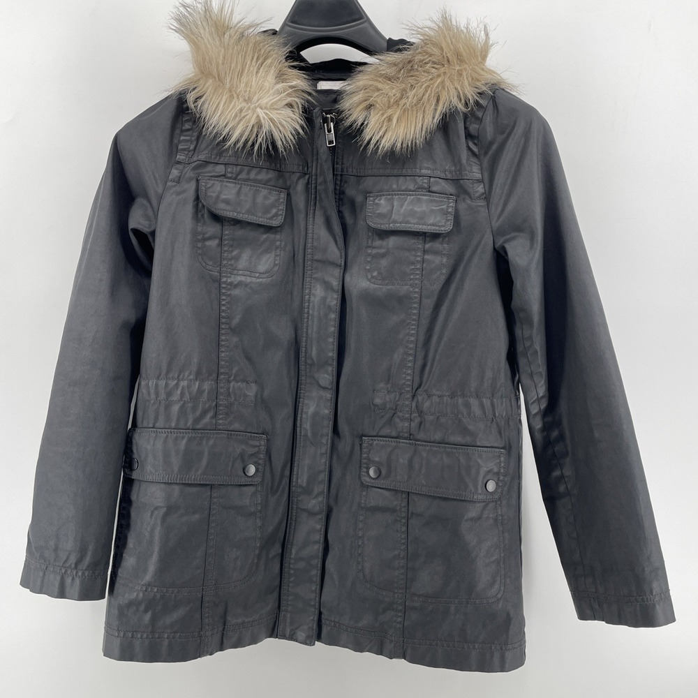 Nordstrom Caslon Coat Women's Small‎ Black Hooded Faux Fur Trim Winter Jacket